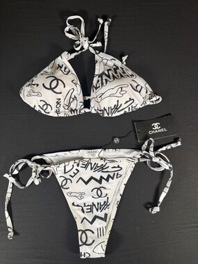 CHANEL style design White & Black Logo Graphic String Bikini Set